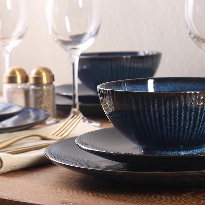 Gibson Elite Midnight Lune Plates and Bowls Sets, 12-Piece Stoneware Dinnerware - Image 8