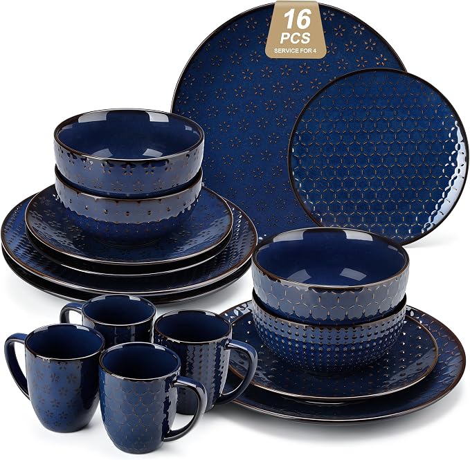 MALACASA 16 Pieces Dinnerware Sets, Farmhouse Plates and Bowls Sets, Embossed by MALACASA