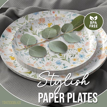Trendables Heavy Duty Paper Plates Set For 16 Guests - 16 Each Of 8-inch And 10-inch Disposable Plates For Party - Fancy 32 Piece Dinnerware Set For All Occasions | Floral Design, Petite Fleur