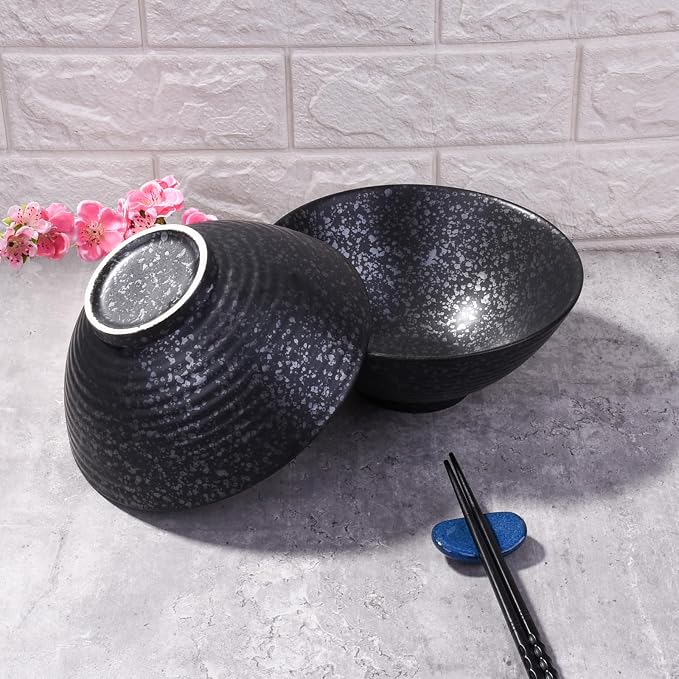 Japanese Ceramic Noodle Bowls Set of 2 – 8.2 Inch Black Ramen Pho Bowls - Image 7