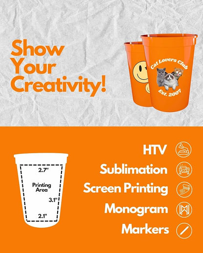 PartyPrints 100 Pack Small 10 to 12 oz Orange Reusable Blank Plastic Cups - Image 4