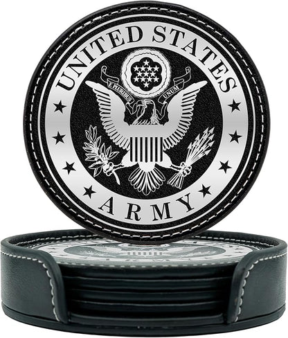 US Army Leather Coaster Set - 4 Premium Coasters with Hot Stamped Foil Logo-Gifts for Soldiers | Disabled Vet Owned Business-US-Army Coaster-Set