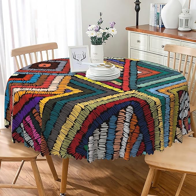 Laeacco 60 Inch Colorful Patchwork Round Tablecloth Woven Geometric Pattern Abstract Art Print Table Cloth Washable Waterproof Wrinkle Free Table Cover for Kitchen Dining Picnic Party Decoration