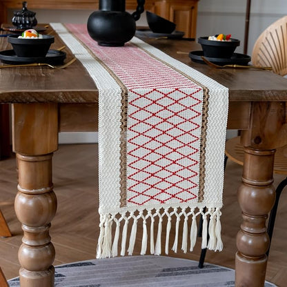 EMMTEEY Macrame Table Runner Boho Style 108 Inches Long, Hexagonal Red | by EMMTEEY