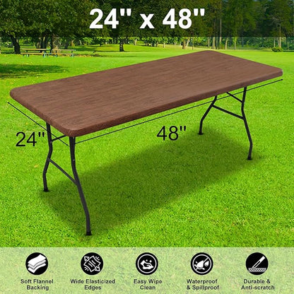 Smiry Rectangle Table Cloth Cover, Waterproof Elastic Fitted Picnic Tablecloth for 4 Foot Tables, Wipeable Flannel Backed Vinyl Tablecloths for Camping, Dining, Outdoor (Brown, 24" x 48")