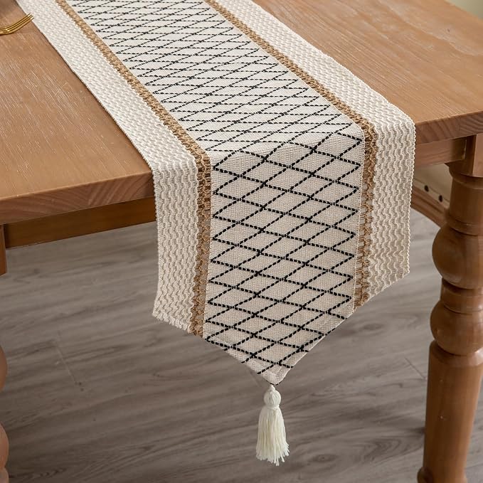 Table Runner, Boho Style with Tassels, Cotton & Linen, Farmhouse Home Decor by BohoSytleDecorativeforLivingRoom