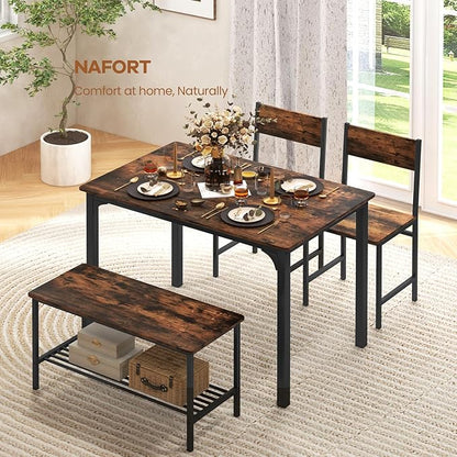 NAFORT Dining Table Set for 4 with Bench, Industrial Kitchen Table and Chairs, Rustic Brown Wood & Black Metal 4-Piece Dining Set for Apartment, Small Space, Kitchen & Dining Room