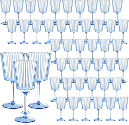 48 PCS Blue Ribbed Plastic Wine Glasses 13.5 OZ Ribbed Wine Glasses Detachable Wine Glass Elegant Fluted Glassware Vintage Style for Wedding Anniversary Birthday Dinner Parties(Blue, 48 Pack)