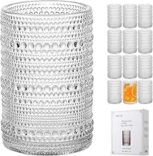 Amzcku Vintage Highball Drinking Glass Set of 12 - Kitchen Glasses Cup for Water, Cocktail, Milk, Juice and Beverage