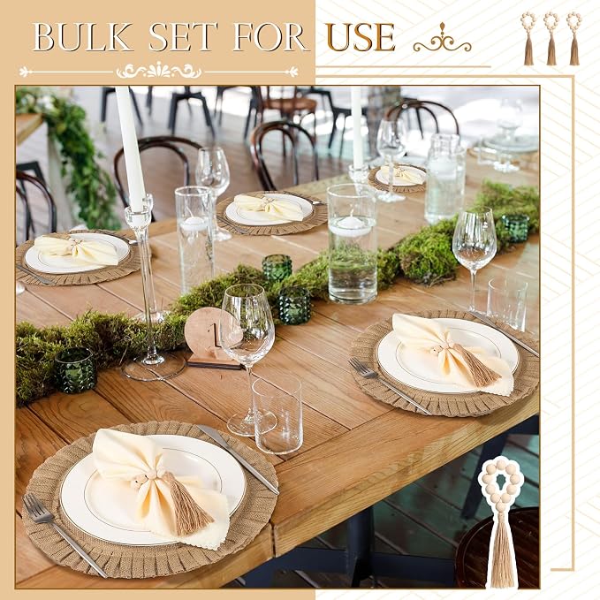 Gejoy 18 Pcs Round Burlap Placemats Wood Bead Napkin Rings - Image 6