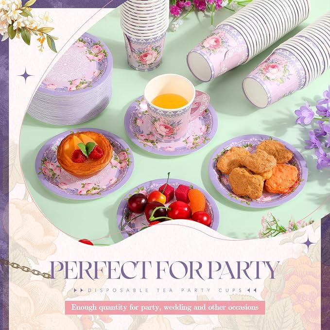 Nuogo 200 Pcs Floral Paper Tea Cups and Saucers 7 oz Disposable Paper Teacups - Image 4