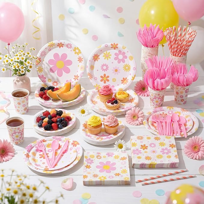 450 Pcs Daisy Groovy Tableware Set Decorations, Serves 50 | Boho Daisy Flower - Image 6