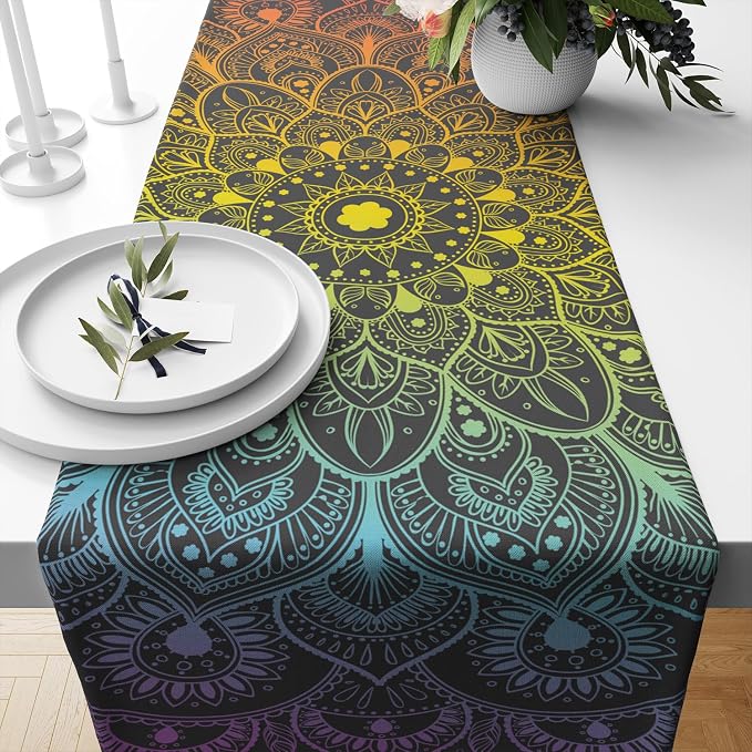 YCness Retro Ethnic Boho Table Runner, Mandala Hippie Art Mandala Rainbow by YCness