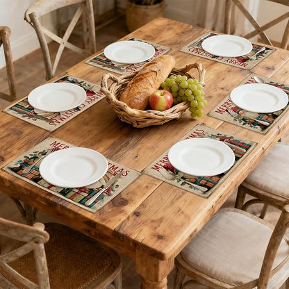 Table Placemats Set of 6, Waterproof Linen Fabric, Non-Slip Backing & Easy Clean, Elegant Dining Table Protectors for Family and Guests (Vintage Christmas Gnome)