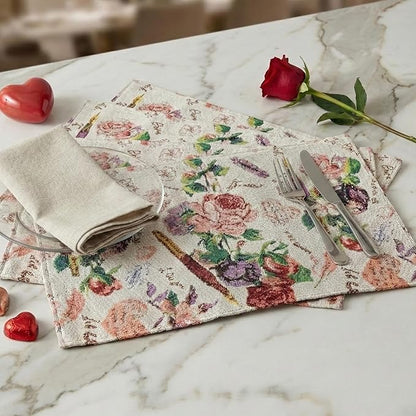 DaDalogy Set of 4-Pieces Authentic Tapestry Placemats - Spring Floral Vintage Looking Love Notes Quil Romantic British Roses - Heart Decorative Woven Dining Under Plate Table Mats - 13” x 19”