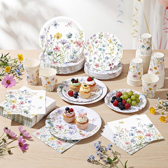 Pickmesh 250 Pcs Spring Floral Disposable Tableware Set Wildflower Butterfly - Image 6