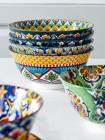 HENXFEN LEAD Boho Cereal and Soup Bowls Set of 6 – 24 oz Colorful Ceramic Bowl for Kitchen, Perfect for Oatmeal, Pasta, Salad, Dessert, Fruit – Microwave & Dishwasher Safe