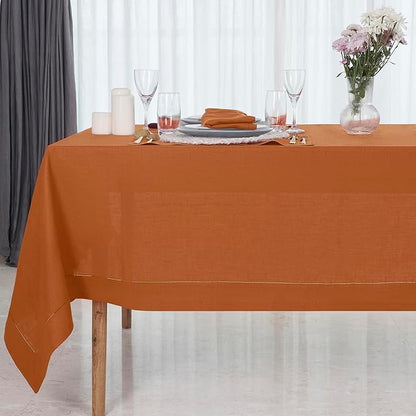 D'Moksha Homes Rust Linen Tablecloth for Rectangle Tables 60 x 102 Inch - Classic Hemstitch 100% Pure Linen Rust Table Cloth - Machine Washable Dining Tablecloth for Spring, Easter