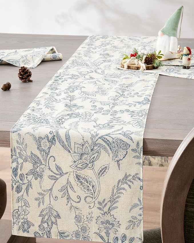 jinchan Blue Floral Linen Table Runner 13 x 72 Inch Farmhouse | - Image 2