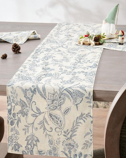 jinchan Blue Floral Linen Table Runner 13 x 72 Inch Farmhouse | - Image 2