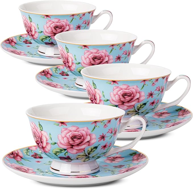 BTaT- Floral Tea Cups and Saucers, 8 oz, Fine Porcelain Teacup Set by BrewToATea