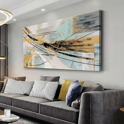 Abstract Wall Art Framed Wall Decor Modern Canvas Abstract Wall Art Black-Gold and Blue Grey Abstract Artwork for Living Room Bedroom Dining Room Home Office Decor 20"x40"