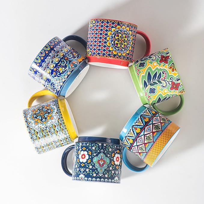 Coffee Mugs Set of 6, 12 oz Ceramic Boho Stackable Cups - Image 8
