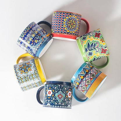 Coffee Mugs Set of 6, 12 oz Ceramic Boho Stackable Cups - Image 8