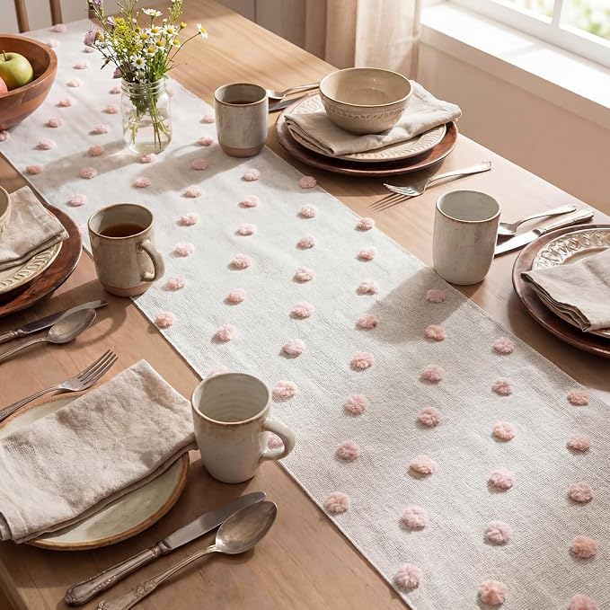 Artoid Mode Pink Pom Pom Tulle Table Runner, Seasonal Washable Kitchen Dining - Image 3