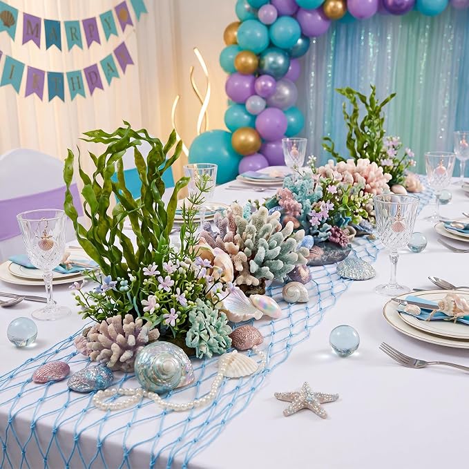 SATINIOR 12 Pcs 12 x 72'' Fishing Net Table Runner Party Decoration, Light Blue - Image 5
