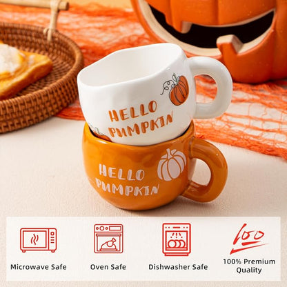 4pcs Ceramic Mugs Set, 9.4OZ Cute Coffee Cup Set, Hello Pumpkin Design - Image 4