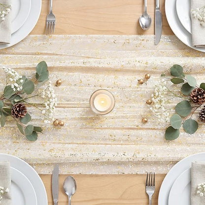 Artoid Mode Beige Gold Gauze Table Runner 59x120 Inch 10FT, Glitter Metallic Foil Sheer Dining Wedding Anniversary Holiday Birthday Table Decor for Home Party