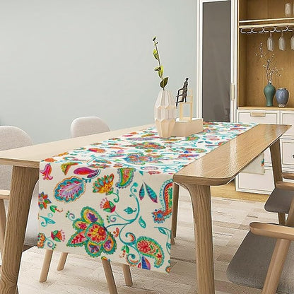 Paisley Table Runner, Watercolor Floral Oriental Indian Traditional Tulips - Image 2