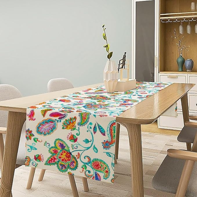 Paisley Table Runner, Watercolor Floral Oriental Indian Traditional Tulips - Image 2