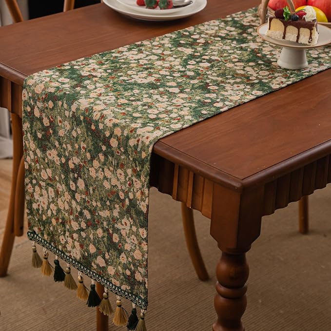Ditsy Floral Table Runner Daisy Green 13 x 86 Inch | Jacquard Weave Pattern - Image 3