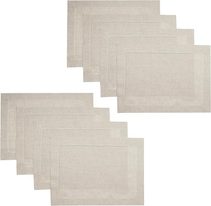 D'Moksha Homes Linen Placemats Set of 8 - Classic Hemstitch Natural Placemats 14 x 19 Inch - 100% Pure Linen Table Mats for Valentines, Spring, Easter - Handcrafted and Machine Washable