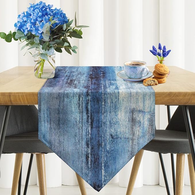 Blue and Grey Table Runner, Abstract Modern Art Burlap Table Runners - Image 2