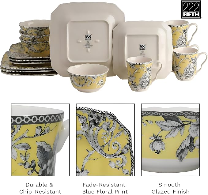 222 Fifth Adelaide Yellow 16-Piece Floral Porcelain Dinnerware Set | Microwave - Image 5
