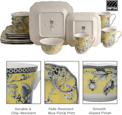 222 Fifth Adelaide Yellow 16-Piece Floral Porcelain Dinnerware Set | Microwave - Image 5