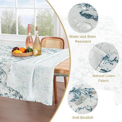 H.VERSAILTEX Linen Table Cloths Floral Printed Tablecloth Spill-Proof Waterproof Table Cover for Dining Buffet Feature Soft and Thick Fabric Wrinkle Free, 60 x 84 Inch, Vintage Botanical - Blue