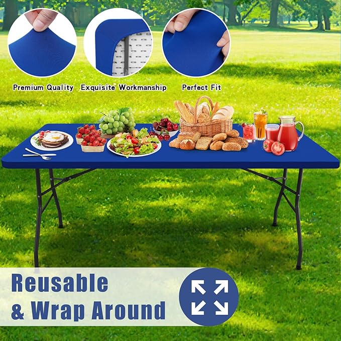 Spandex 8 Foot Rectangle Table Cloth 2 Pack, Elastic Fitted Tablecloths for Picnic, Stretch Washable Patio Table Cover for Outdoor, Camping, Banquet and Parties (Blue, 30"x96")