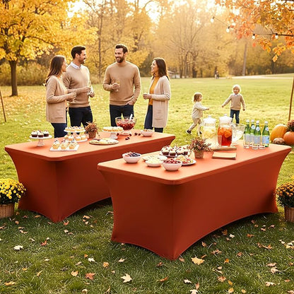Spandex Table Cloths for 8 Foot Rectangle Tables-6 Pack Rust Fall Thanksgiving Fitted Stretch Table Covers-Elastic Tablecloth for Party, Vendor Booth Display, Banquet Event, Craft Trade Show