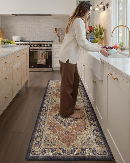 Color&Geometry Anti Fatigue Kitchen Mats for Floor 24x59, Vintage Decor, Easy Clean, Waterproof & Oil Proof, 0.4" Thick Cushioned, Non-Slip Kitchen Runner Rug for Sink, Laundry, Office, Warm Coral