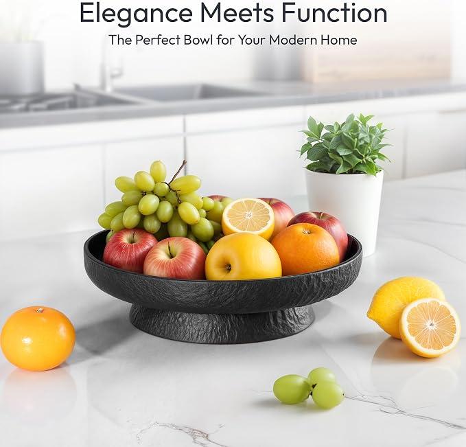 Granite Inspired Matte Black Fruit Bowl | Wide, Shallow Textured Pedestal Bowl - Image 5