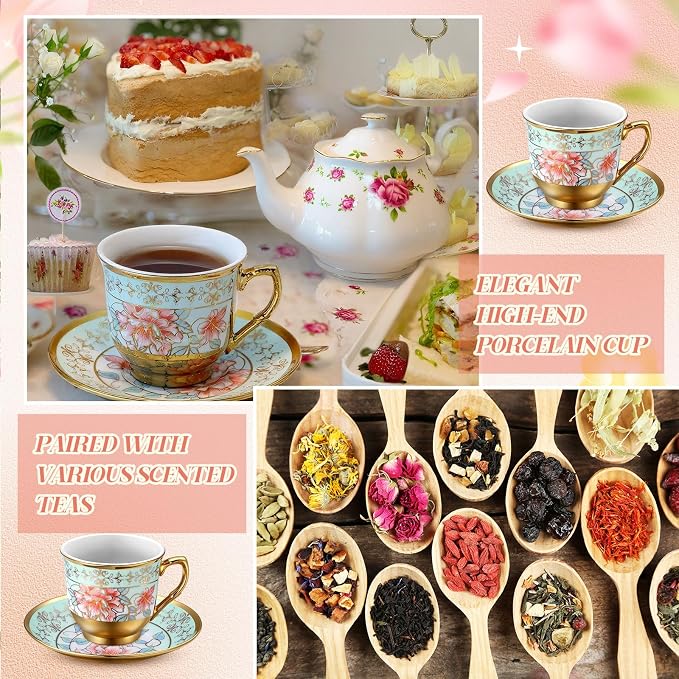 6 Pcs 3 oz Mini Vintage Floral Tea Cups and Saucers Set, Christmas Halloween - Image 3