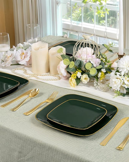 bUCLA 50PCS Green and Gold Plastic Plates - Green Gold Square Plastic Disposable Include 25 Each (Dinner & Dessert) Plates, Ideal for Party & Christmas