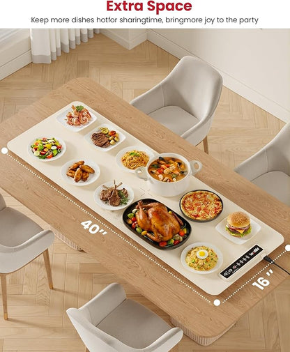 Extra Large Food Warming Mat for Countertop (XXXL 40”x16”) - Full-Surface Heating Pad with 4 Temps Settings, Ideal for Buffet Party Food Warmer, Roll-Up Electric Warming Tray for All Gathering, Beige