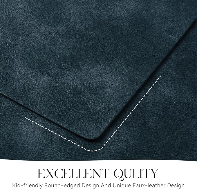 MOSAYT Vinyl Placemats Set of 8-12 X 17 Inch - Faux Leather 100% Waterproof Oil-Proof Wipeable PU Place Mats, Heat Resistant Reversible Table Mats for Kitchen, Dining, Outdoor (Navy Blue)