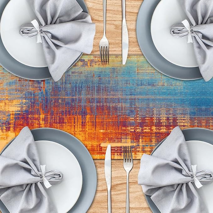 Orange and Blue Table Runner Modern Abstract Messy Rust Painting Linen Dresser - Image 4