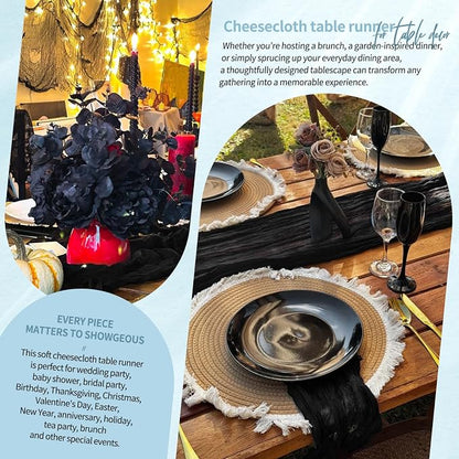 Showgeous 2 Pack Black Cheesecloth Table Runners Boho Wedding Decor | Rustic - Image 8